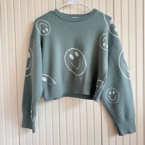 Altar'd State Smiley Face Pattern Cropped Knit Sweater Sage Green Crewneck SMALL